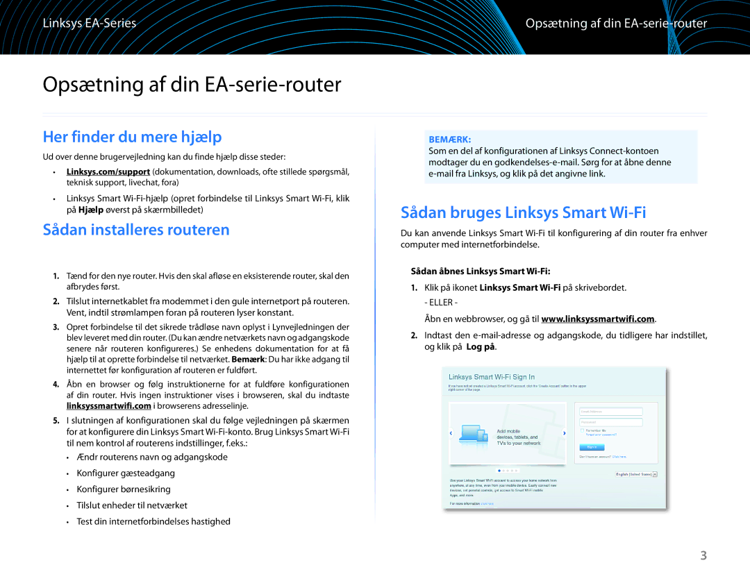 Linksys EA6100 manual Opsætning af din EA-serie-router, Sådan bruges Linksys Smart Wi-Fi, Her finder du mere hjælp 