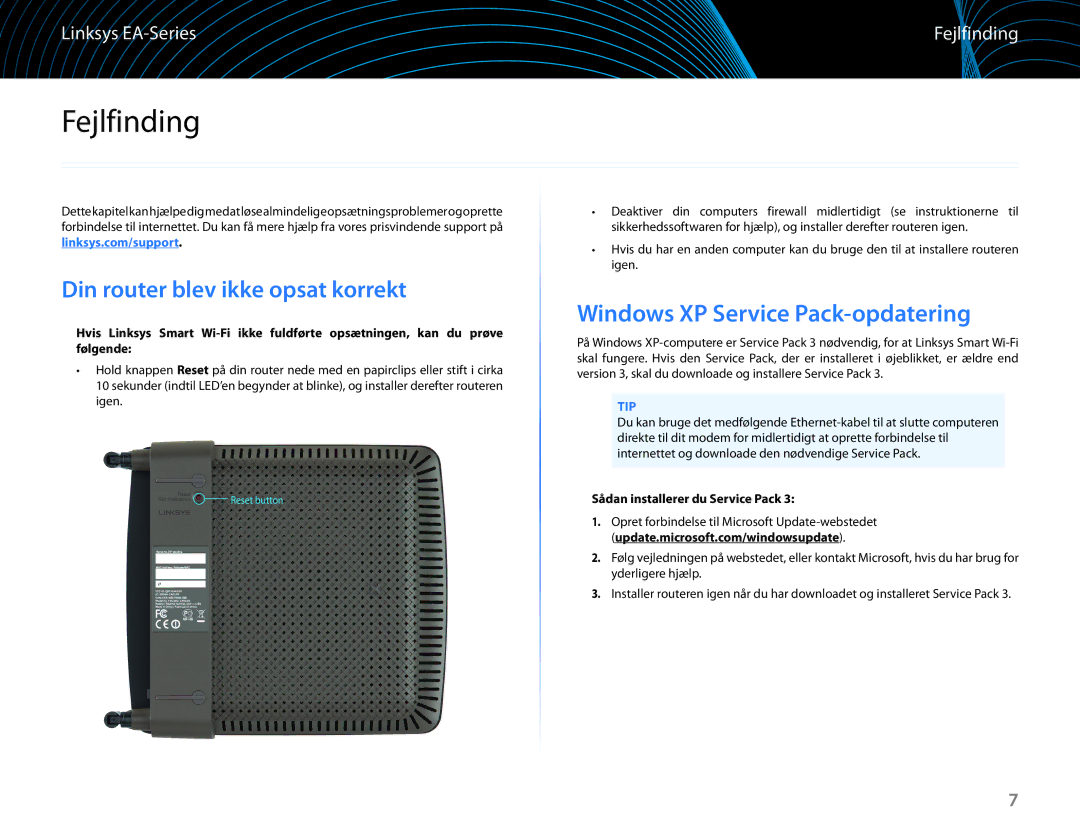 Linksys EA6100 manual Fejlfinding, Windows XP Service Pack-opdatering, Din router blev ikke opsat korrekt 