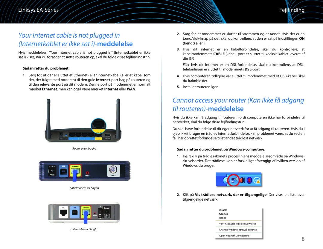 Linksys EA6100 manual Fejlfinding, Sådan retter du problemet på Windows-computere 