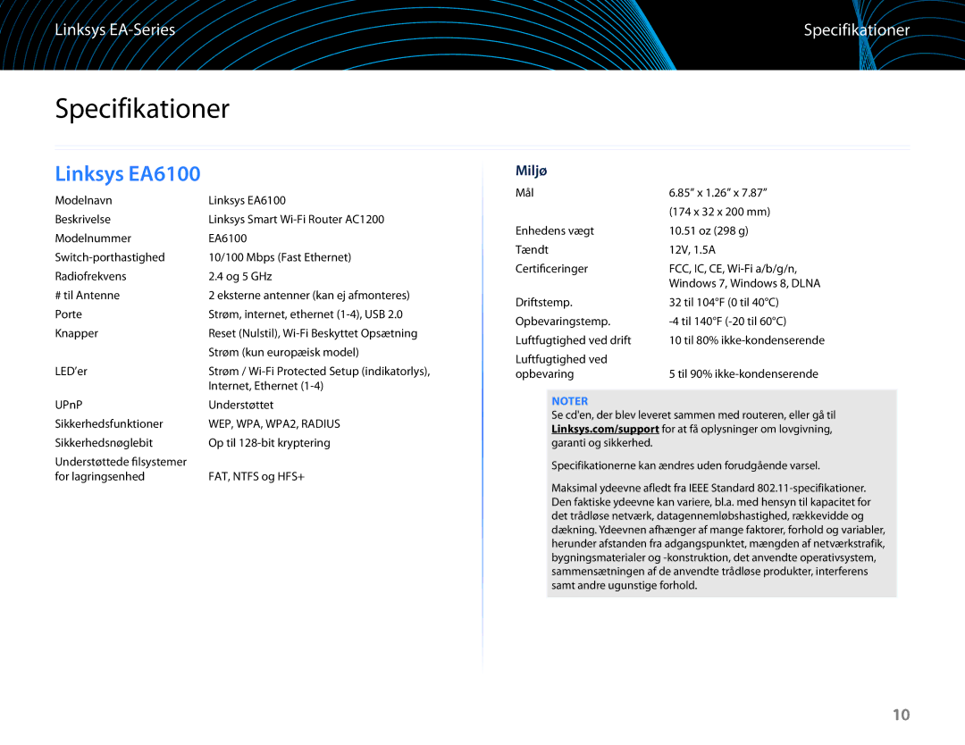 Linksys EA6100 manual Specifikationer, Miljø 