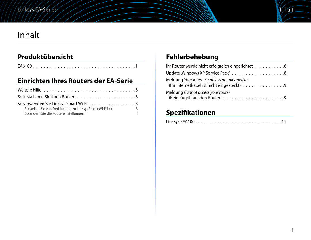 Linksys EA6100 manual Inhalt, Produktübersicht, Einrichten Ihres Routers der EA-Serie, Fehlerbehebung, Spezifikationen 