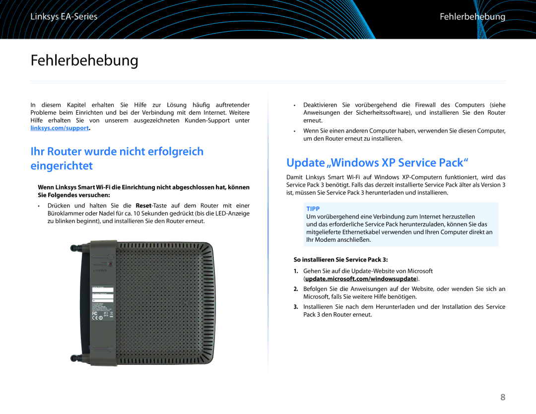 Linksys EA6100 manual Fehlerbehebung, Update„Windows XP Service Pack, Ihr Router wurde nicht erfolgreich eingerichtet, Tipp 