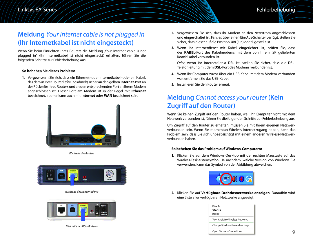 Linksys EA6100 manual Ihr Internetkabel ist nicht eingesteckt, Zugriff auf den Router, Fehlerbehebung 