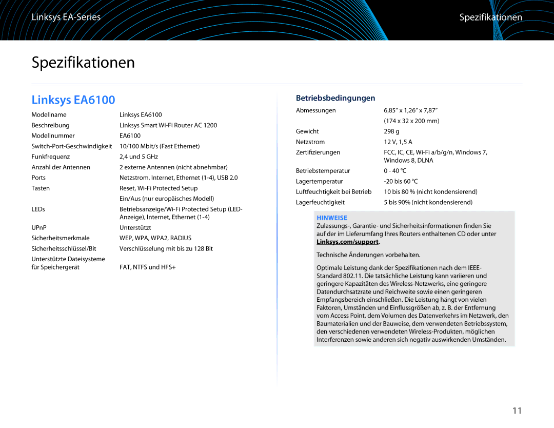 Linksys EA6100 manual Spezifikationen, Betriebsbedingungen, Hinweise 