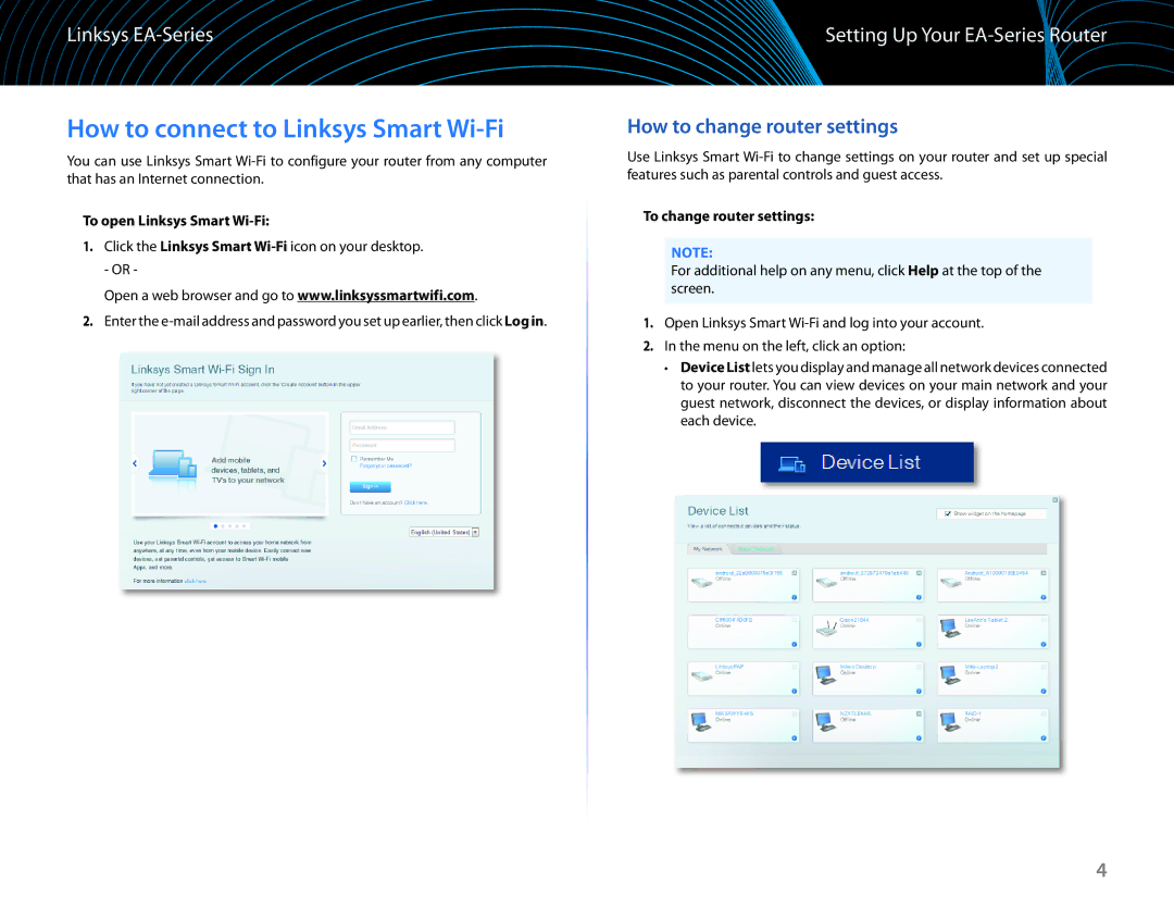 Linksys EA6100 How to connect to Linksys Smart Wi-Fi, Setting Up Your EA-Series Router, How to change router settings 