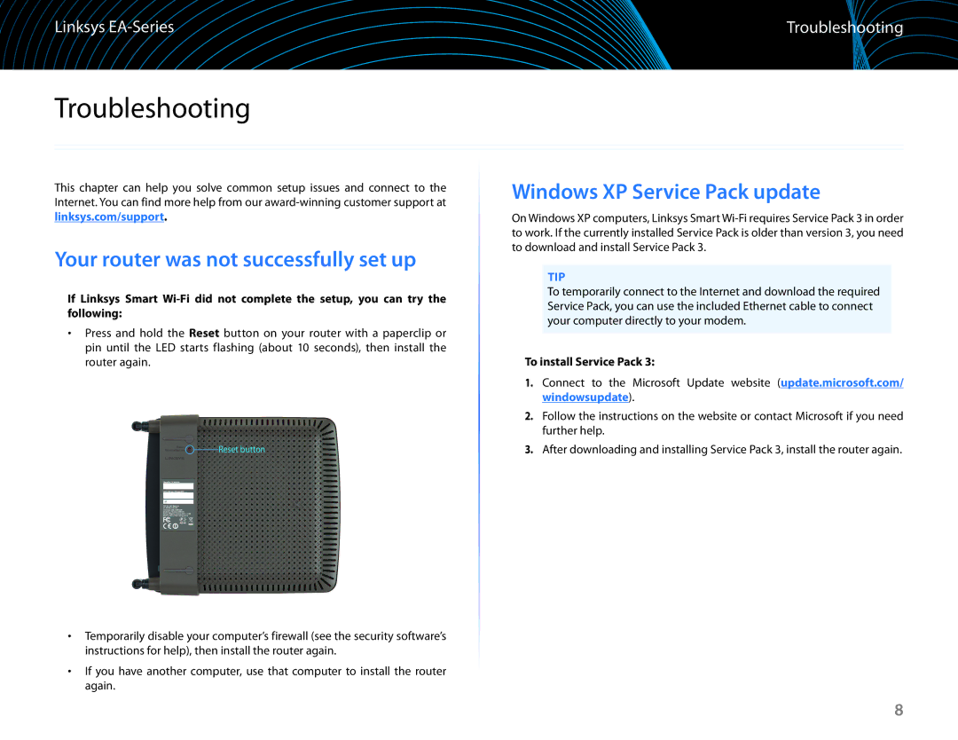 Linksys EA6100 manual Troubleshooting, Your router was not successfully set up, Windows XP Service Pack update 