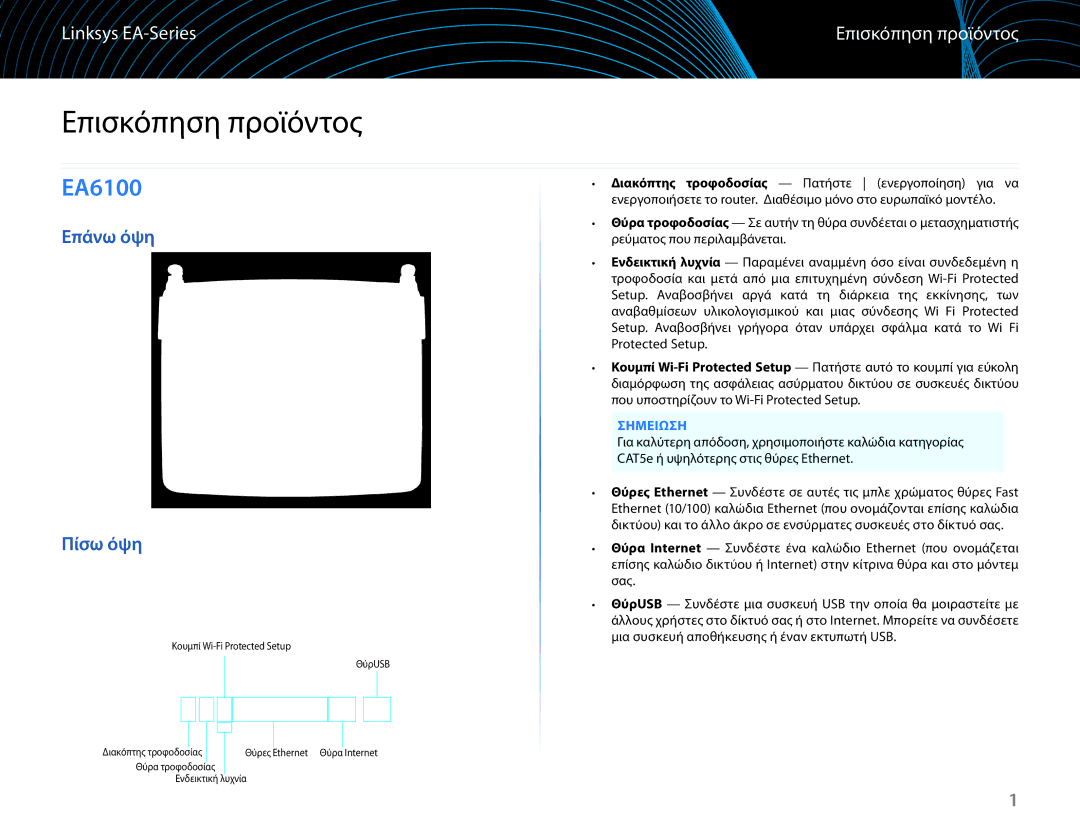 Linksys EA6100 manual Επισκόπηση προϊόντος, Επάνω όψη Πίσω όψη, Σημειωση 