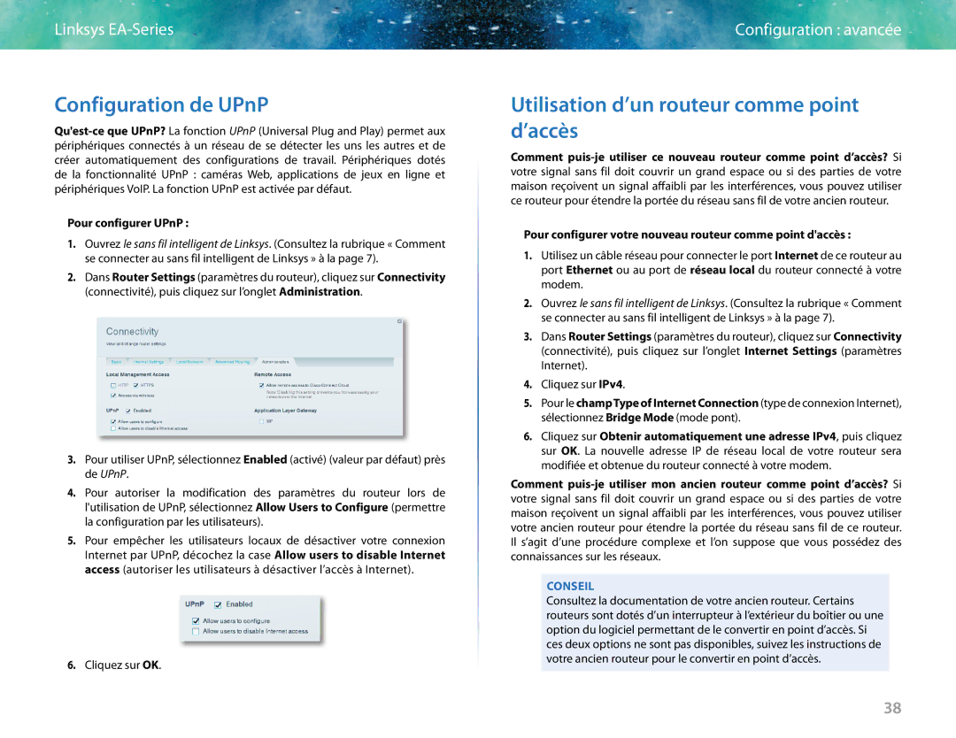 Linksys EA6400 manual Configuration de UPnP, Utilisation d’un routeur comme point d’accès, Pour configurer UPnP 