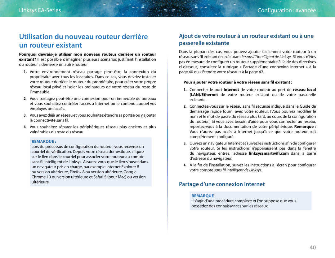 Linksys EA6400 manual Utilisation du nouveau routeur derrière un routeur existant, Partage d’une connexion Internet 