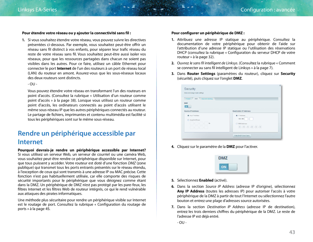 Linksys EA6400 manual Rendre un périphérique accessible par Internet, Pour configurer un périphérique de DMZ 