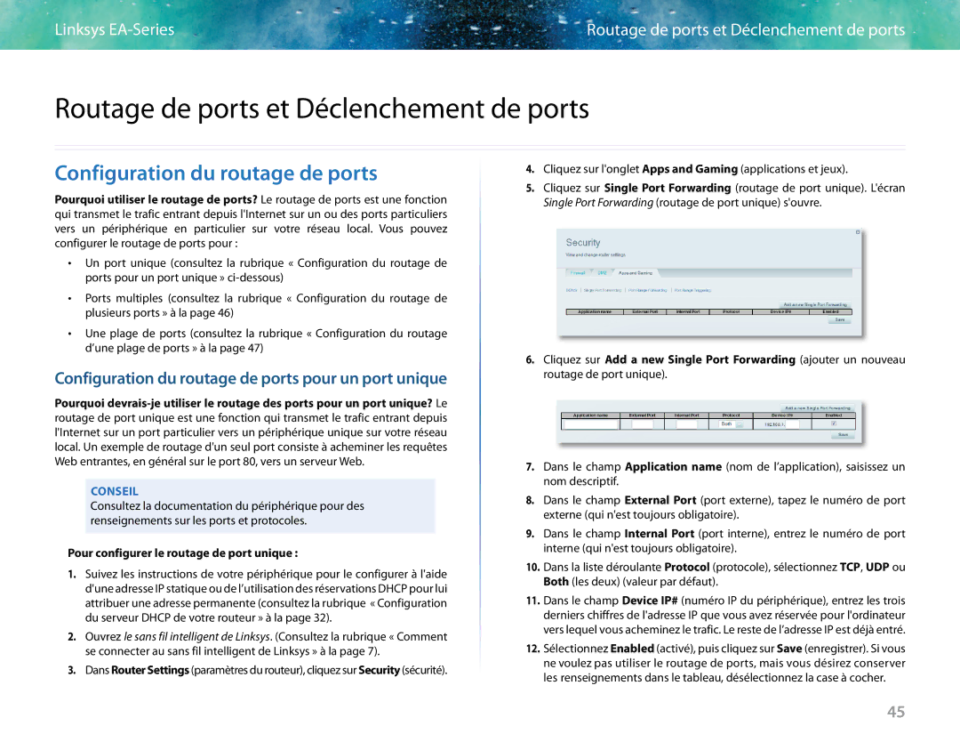 Linksys EA6400 manual Routage de ports et Déclenchement de ports, Configuration du routage de ports 