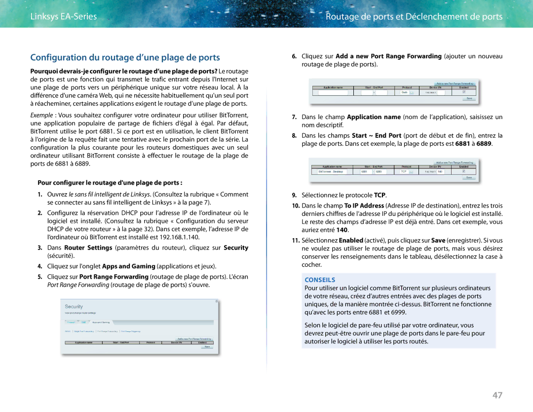 Linksys EA6400 manual Configuration du routage d’une plage de ports, Pour configurer le routage dune plage de ports 