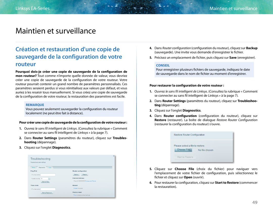 Linksys EA6400 manual Maintien et surveillance, Pour restaurer la configuration de votre routeur 