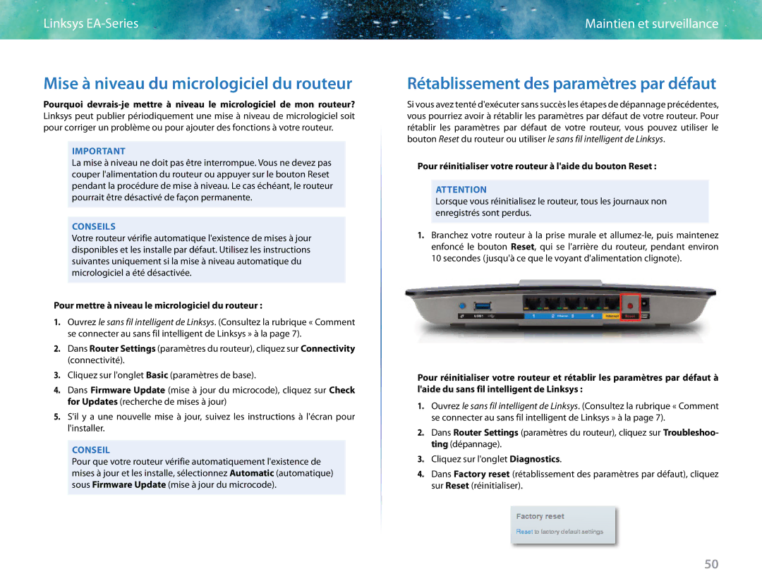 Linksys EA6400 manual Mise à niveau du micrologiciel du routeur, Rétablissement des paramètres par défaut 