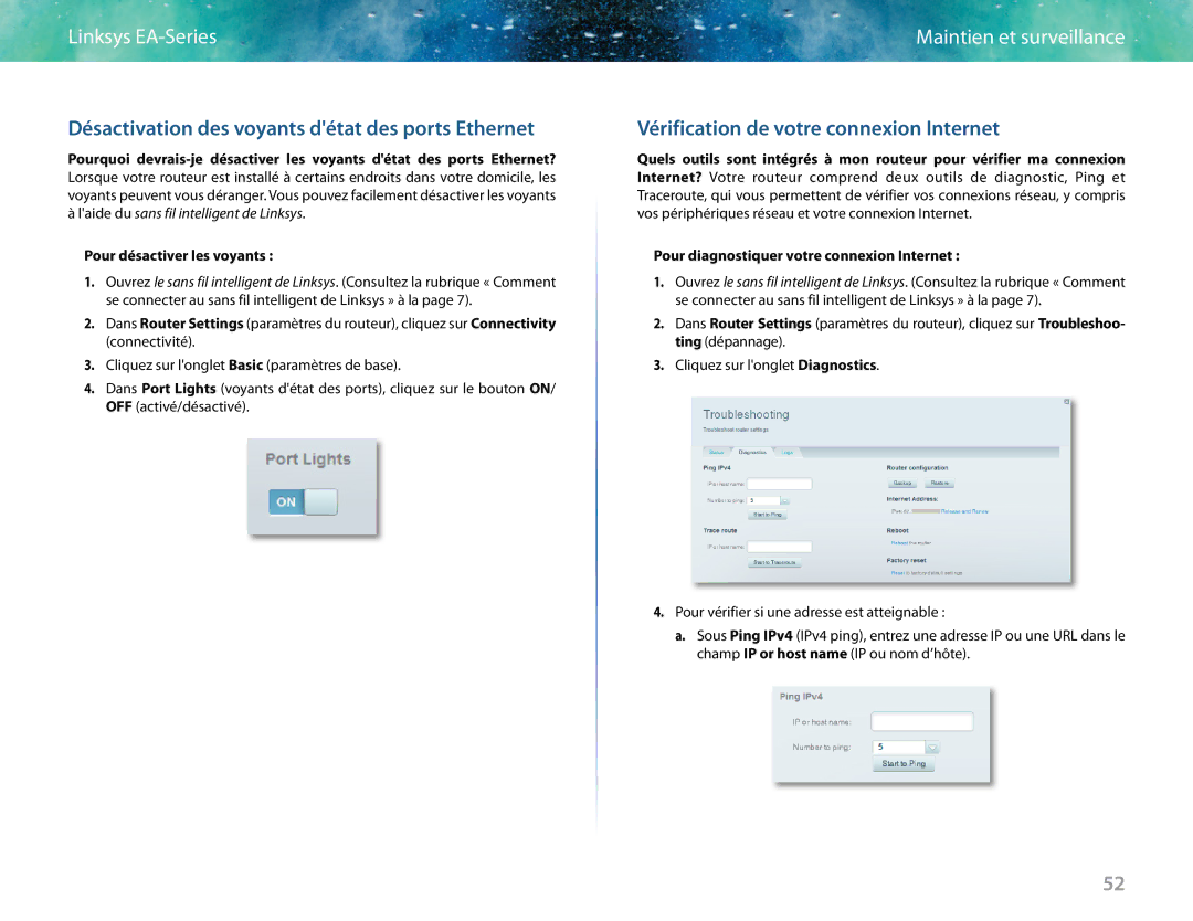 Linksys EA6400 manual Désactivation des voyants détat des ports Ethernet, Vérification de votre connexion Internet 