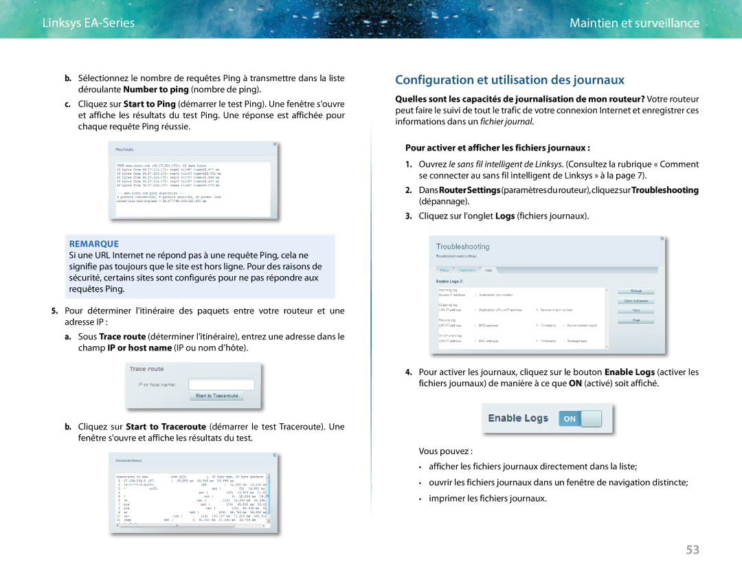 Linksys EA6400 manual Configuration et utilisation des journaux 