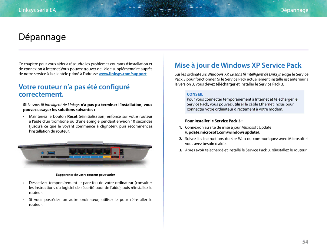 Linksys EA6400 manual Dépannage, Votre routeur n’a pas été configuré correctement, Mise à jour de Windows XP Service Pack 