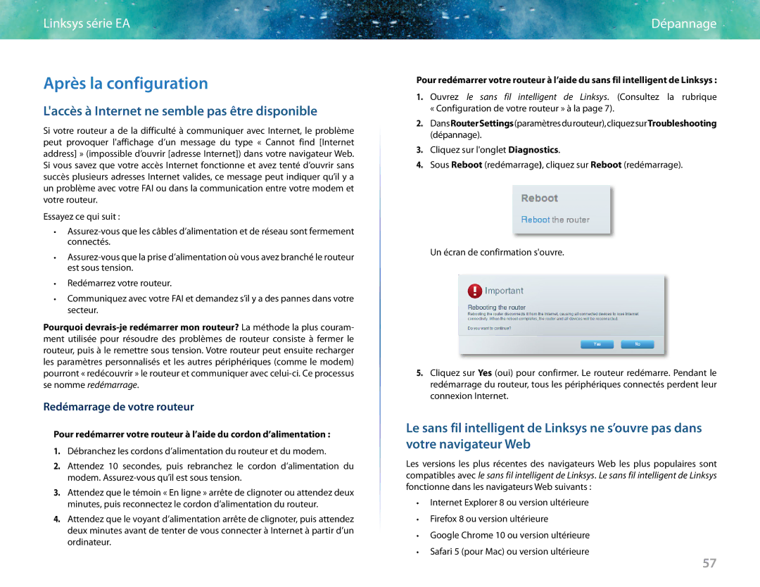 Linksys EA6400 manual Après la configuration, Laccès à Internet ne semble pas être disponible, Redémarrage de votre routeur 