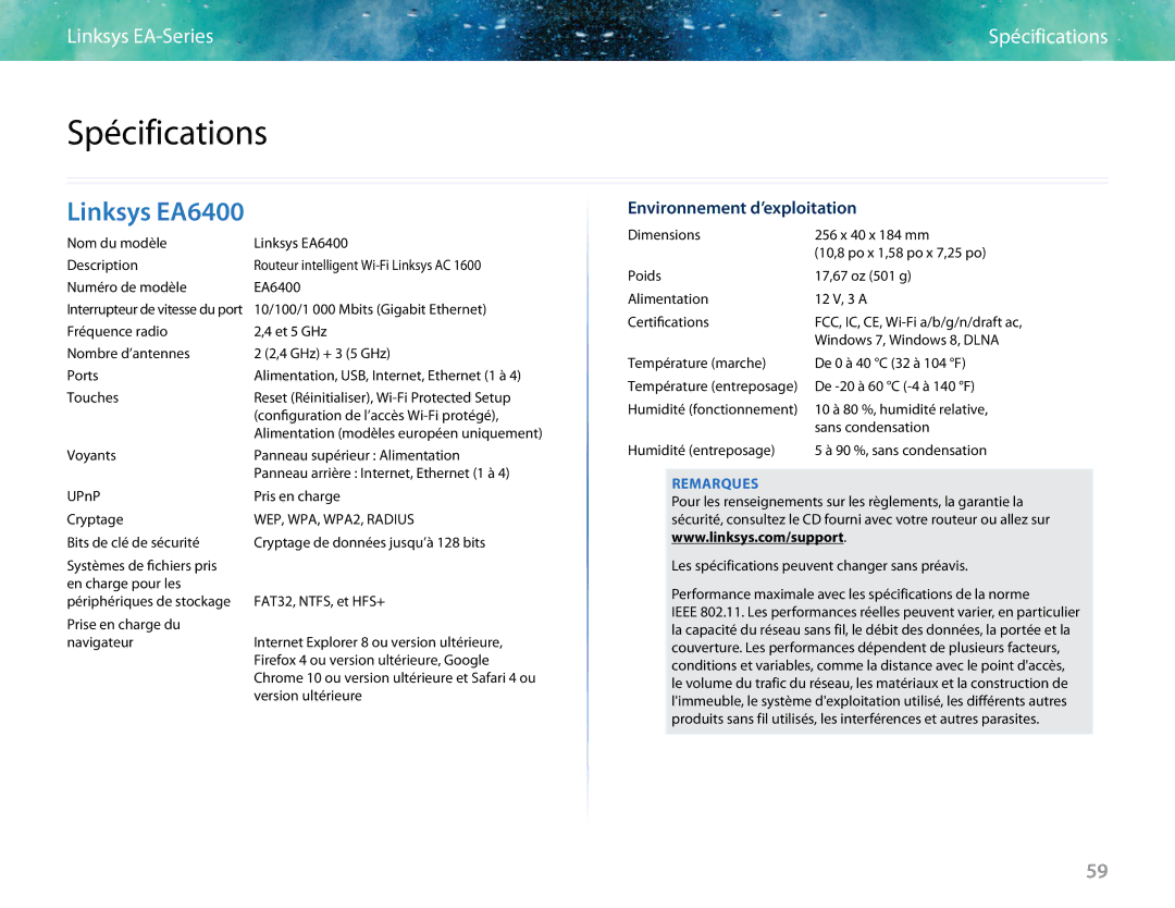 Linksys EA6400 manual Spécifications, Environnement d’exploitation 