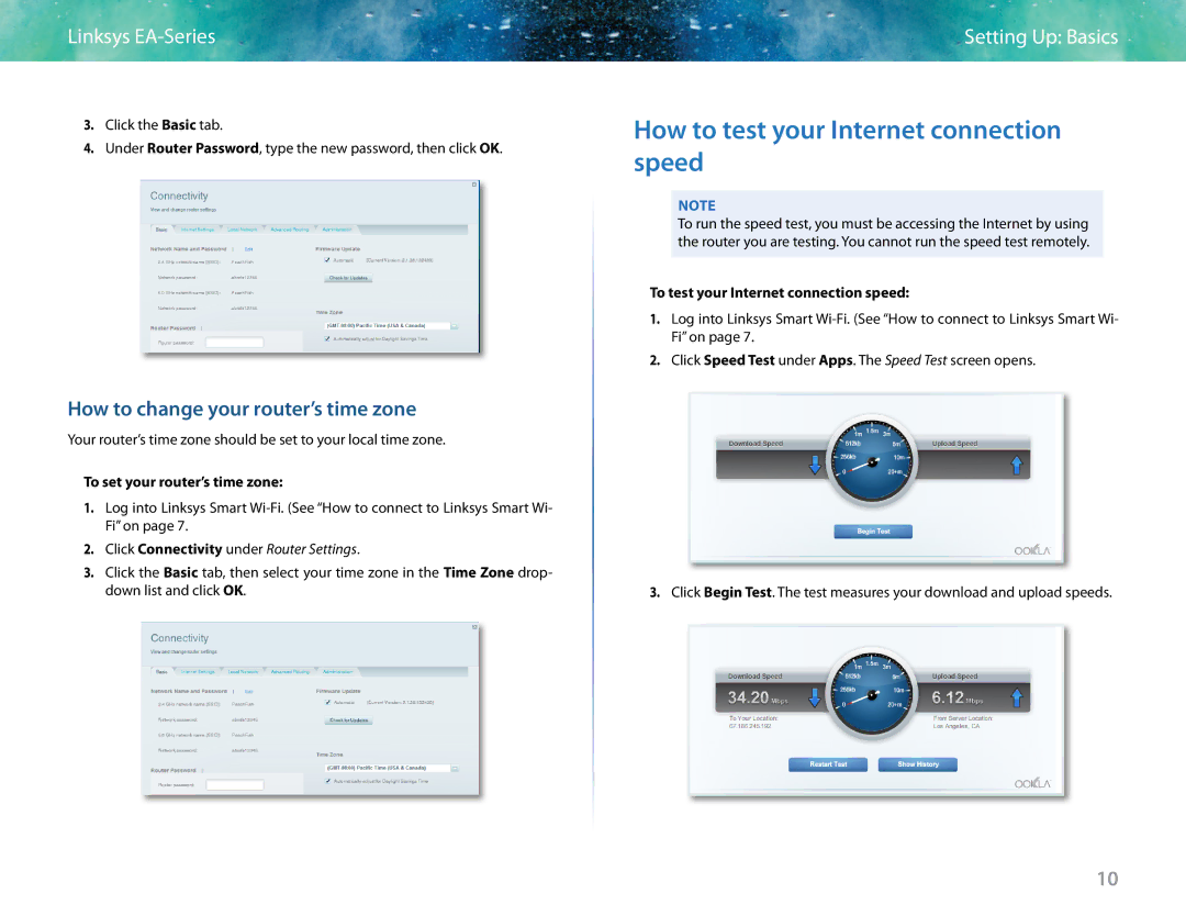 Linksys EA6400 manual How to test your Internet connection speed, How to change your router’s time zone 