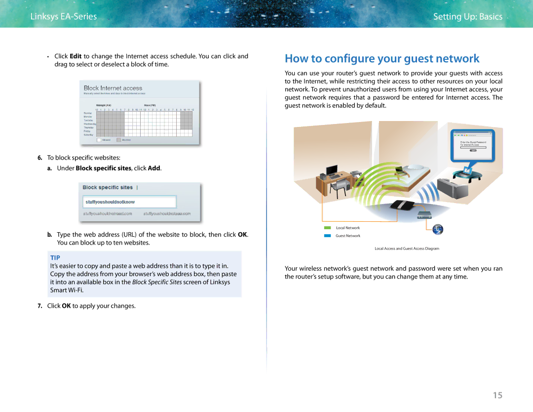 Linksys EA6400 manual How to configure your guest network, Under Block specific sites, click Add 