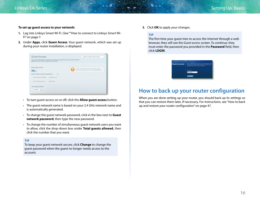 Linksys EA6400 manual How to back up your router configuration, To set up guest access to your network 