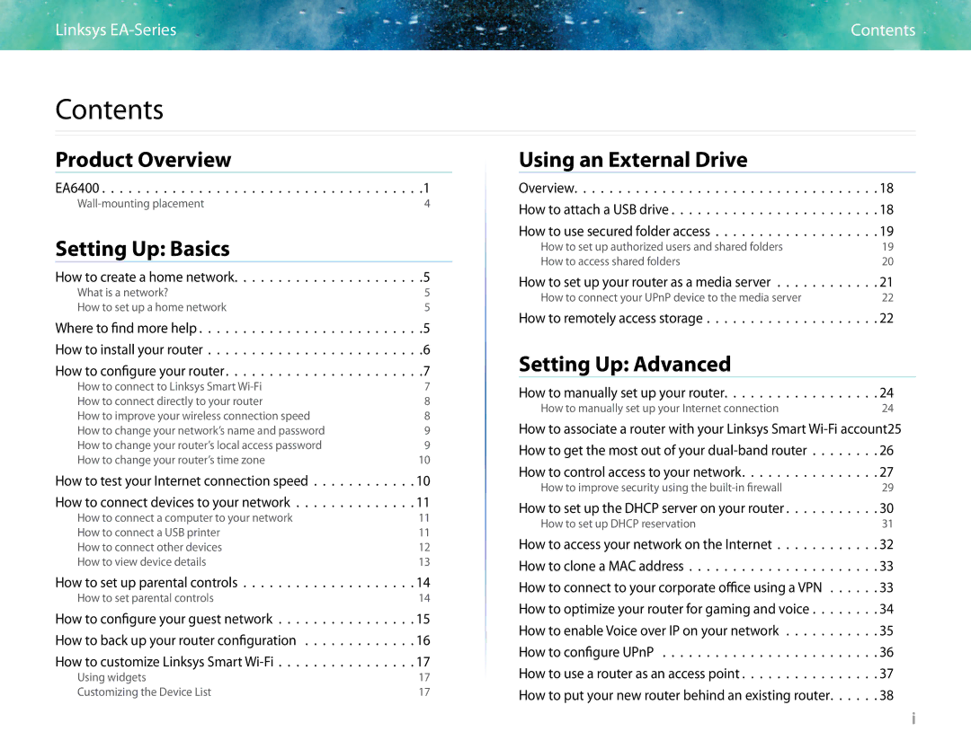 Linksys EA6400 manual Contents 