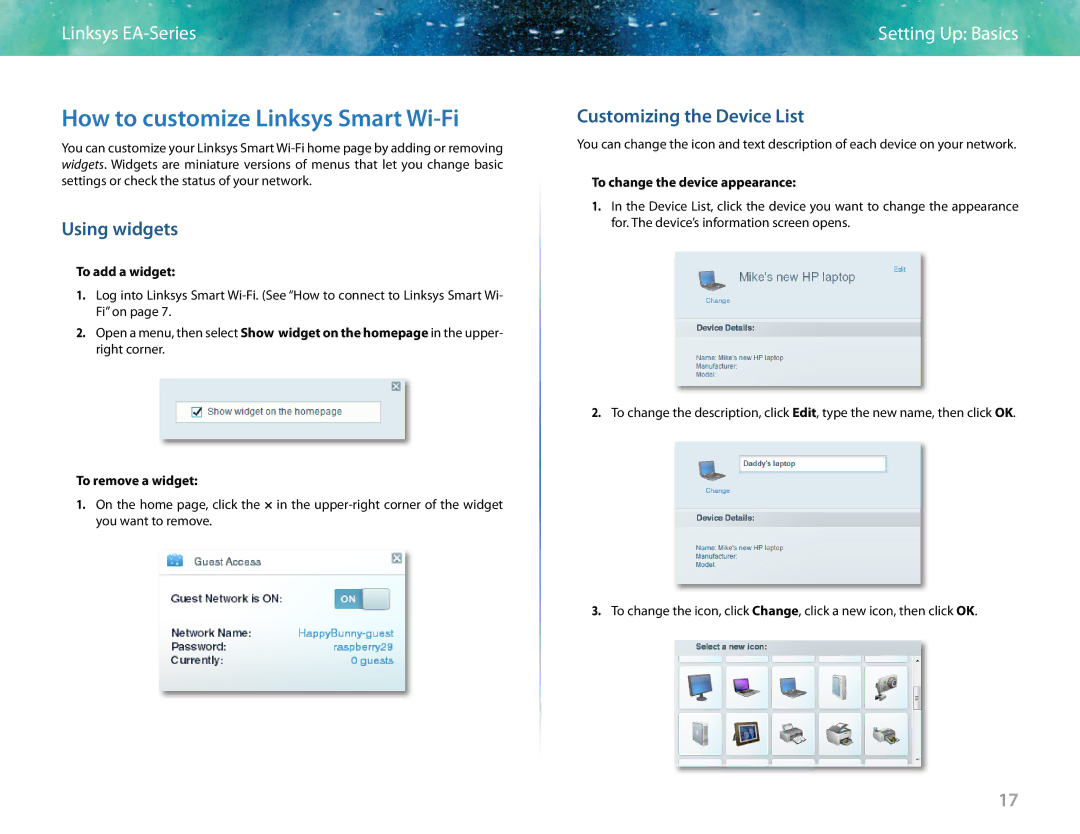 Linksys EA6400 manual How to customize Linksys Smart Wi-Fi, Using widgets, Customizing the Device List 