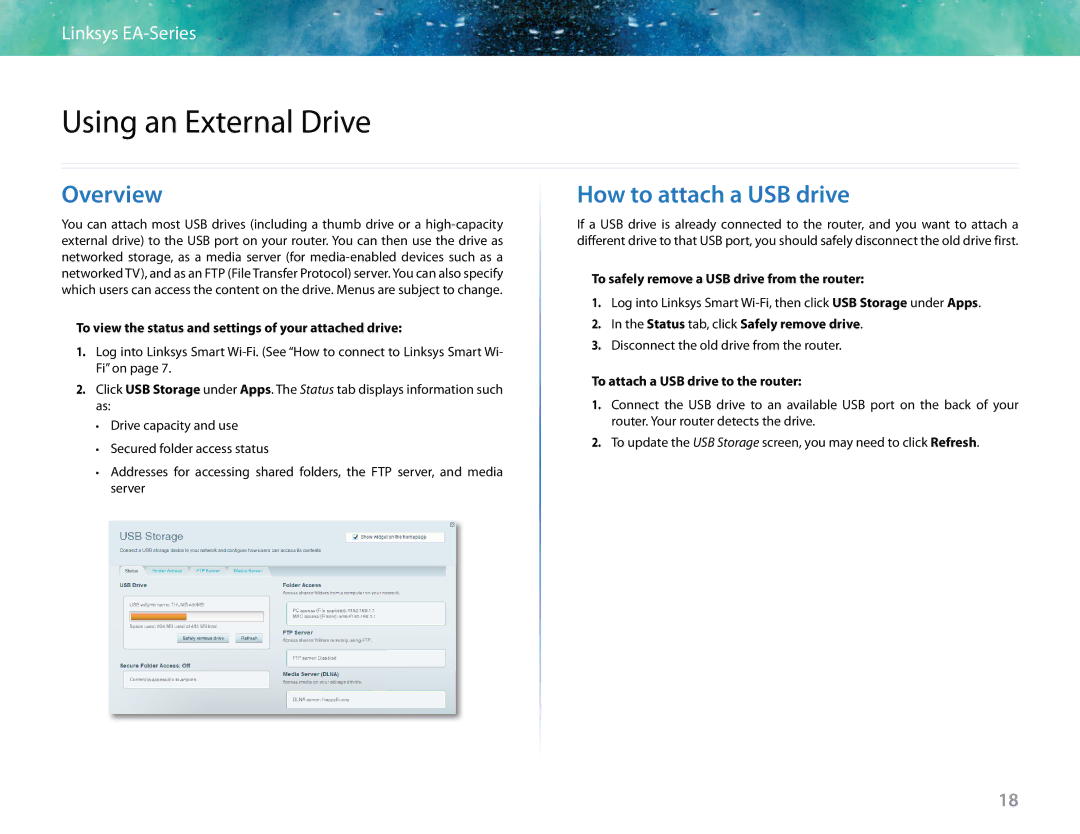 Linksys EA6400 manual Using an External Drive, Overview, How to attach a USB drive 