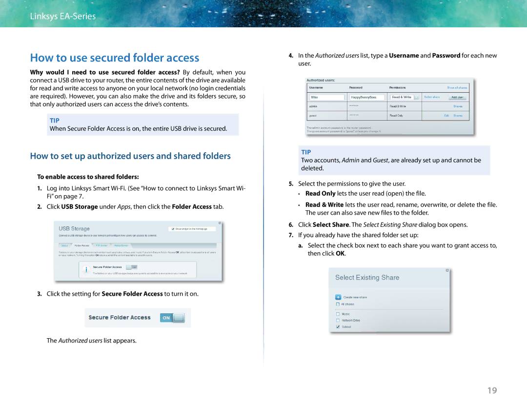 Linksys EA6400 manual How to use secured folder access, How to set up authorized users and shared folders 