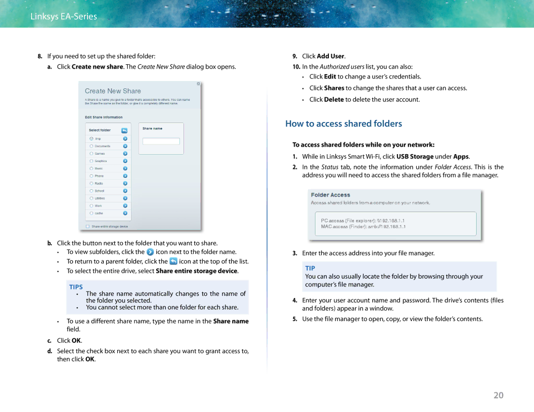 Linksys EA6400 manual How to access shared folders, Click Add User, To access shared folders while on your network 