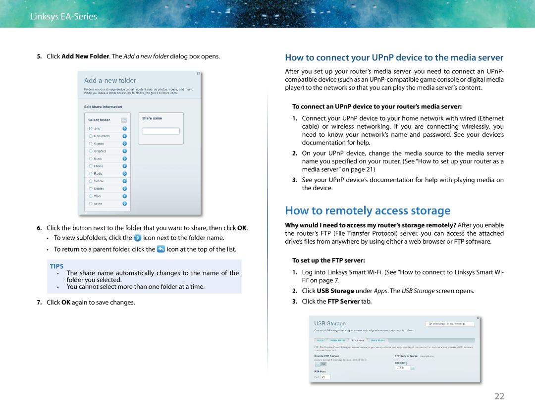 Linksys EA6400 manual How to remotely access storage, To connect an UPnP device to your router’s media server 