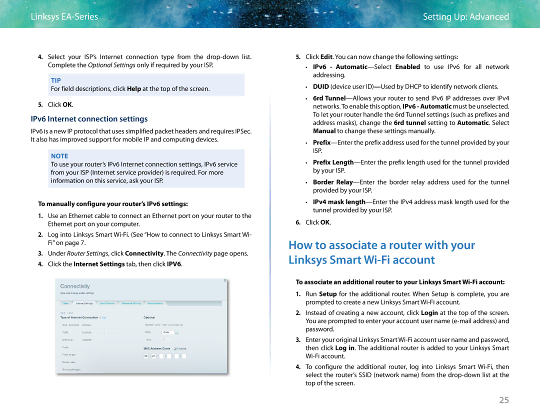 Linksys EA6400 IPv6 Internet connection settings, To manually configure your router’s IPv6 settings 