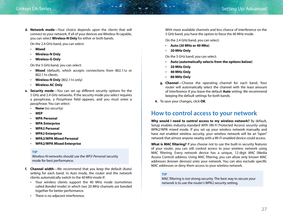 Linksys EA6400 manual How to control access to your network, Mixed Wireless-N Only Wireless-G Only 