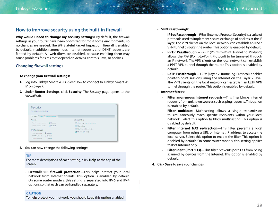 Linksys EA6400 manual How to improve security using the built-in firewall, Changing firewall settings, VPN Passthrough 