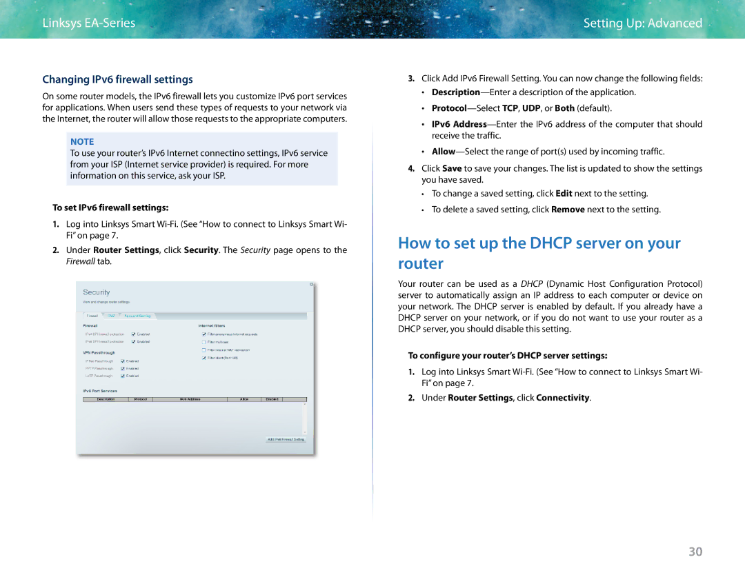 Linksys EA6400 manual How to set up the Dhcp server on your router, Changing IPv6 firewall settings 