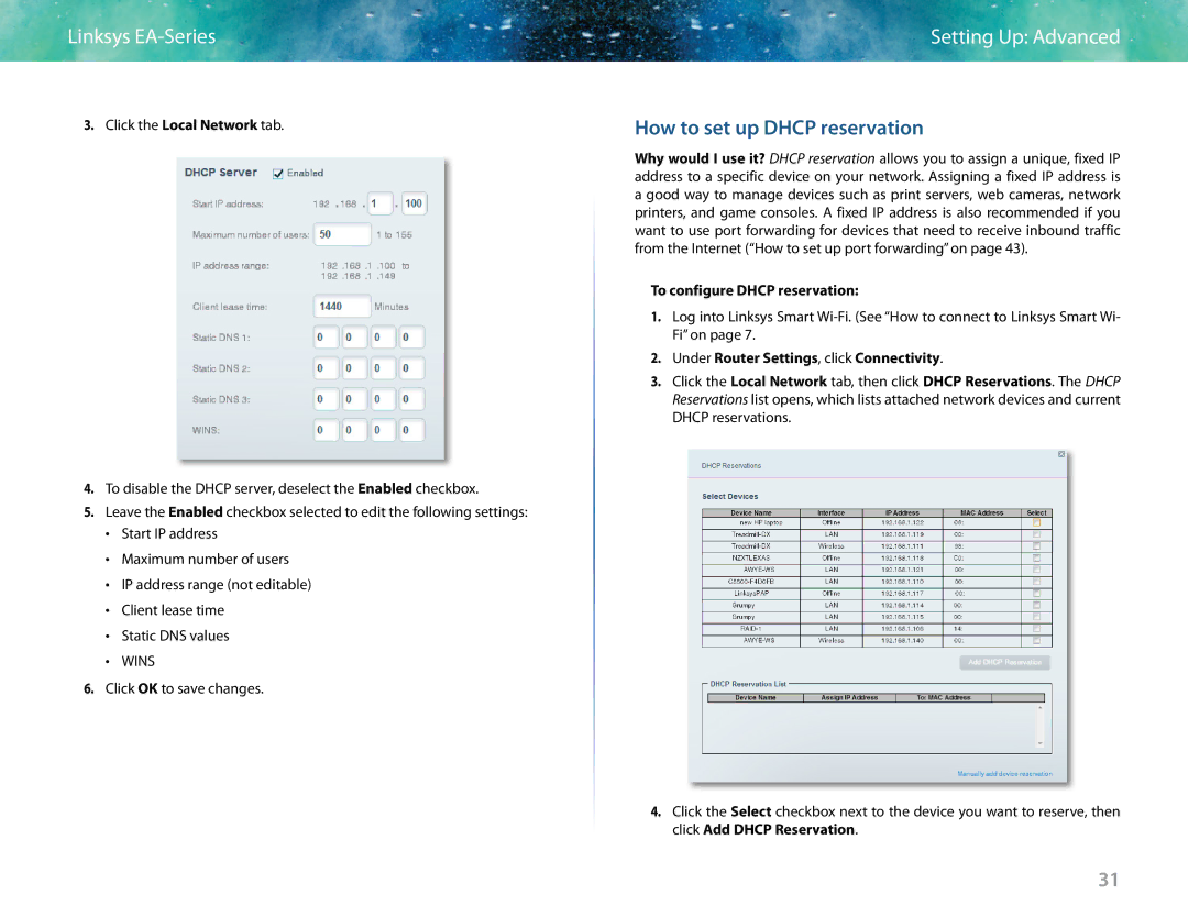 Linksys EA6400 manual How to set up Dhcp reservation, To configure Dhcp reservation 