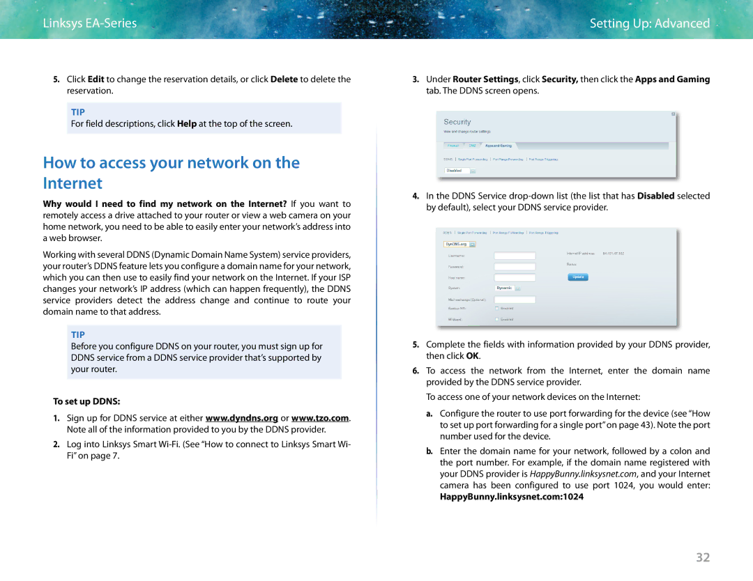 Linksys EA6400 manual How to access your network on the Internet, To set up Ddns, HappyBunny.linksysnet.com1024 