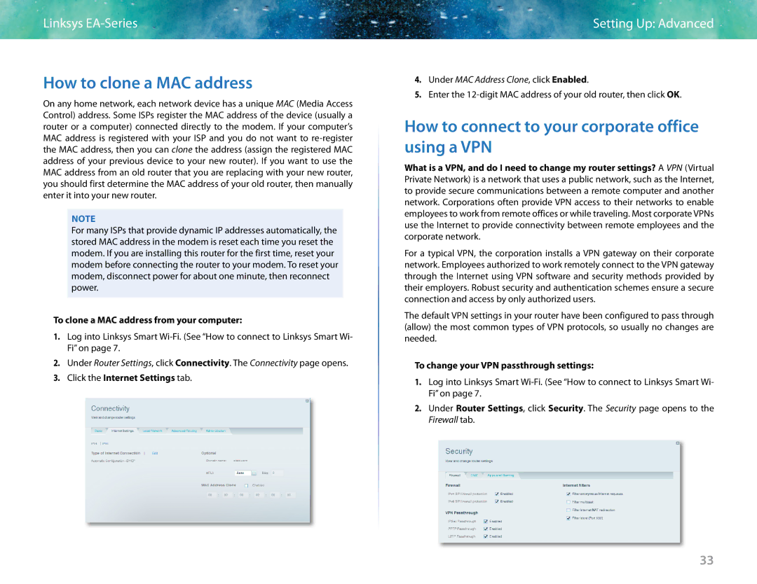 Linksys EA6400 manual How to clone a MAC address, How to connect to your corporate office using a VPN 