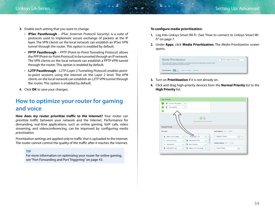 Linksys EA6400 manual How to optimize your router for gaming and voice, To configure media prioritization 