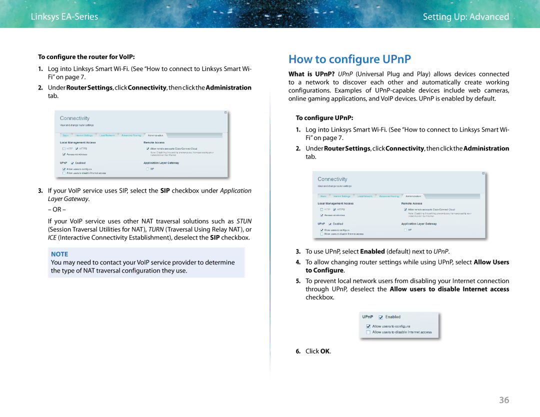 Linksys EA6400 manual How to configure UPnP, To configure the router for VoIP, To configure UPnP 