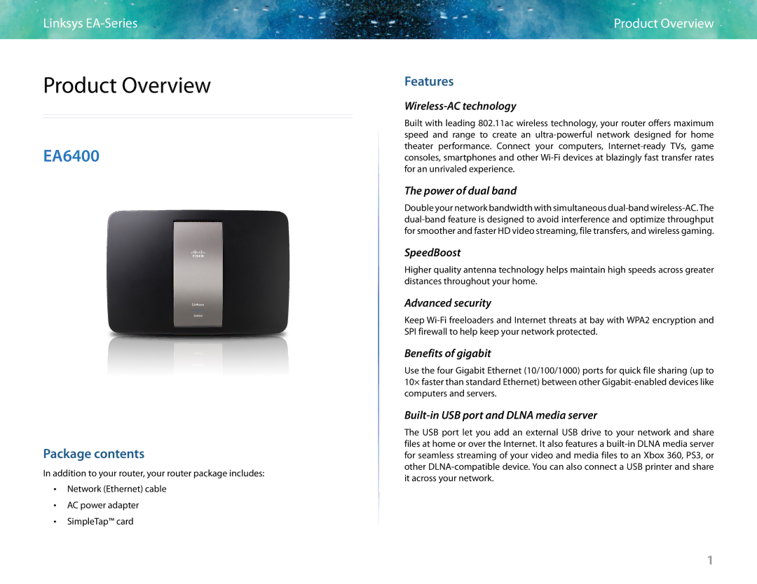 Linksys EA6400 manual Product Overview, Package contents, Features 