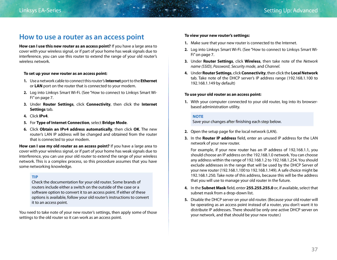 Linksys EA6400 manual How to use a router as an access point, To view your new router’s settings 