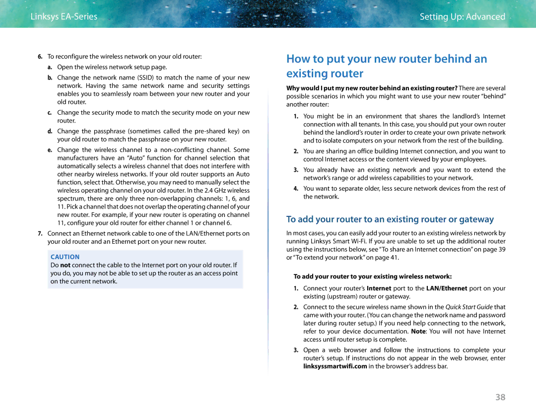 Linksys EA6400 How to put your new router behind an existing router, To add your router to an existing router or gateway 