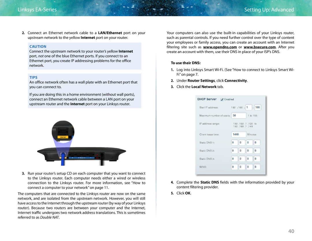 Linksys EA6400 manual To use their DNS, Under Router Settings, click Connectivity 