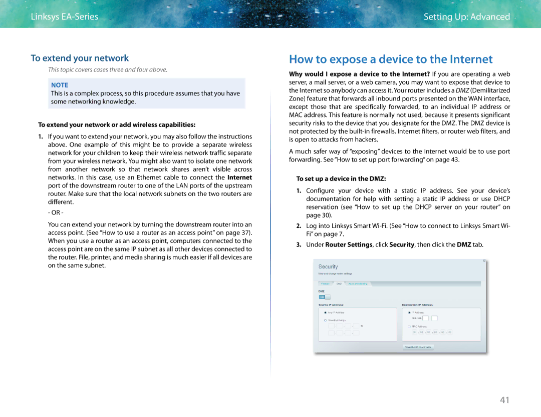 Linksys EA6400 manual How to expose a device to the Internet, To extend your network, To set up a device in the DMZ 