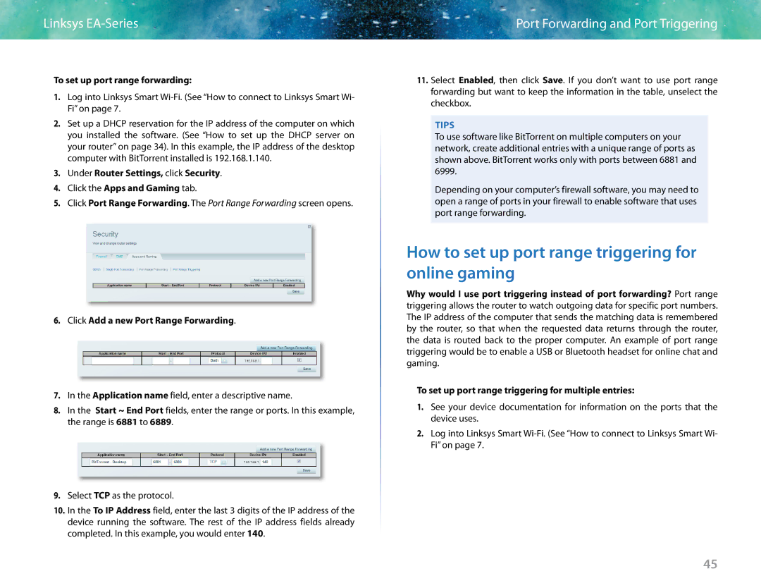 Linksys EA6400 manual How to set up port range triggering for online gaming, To set up port range forwarding 