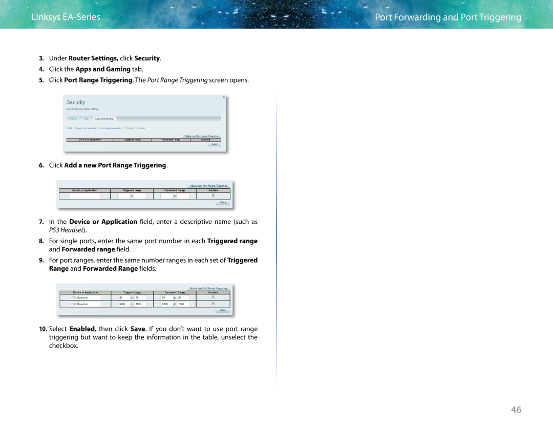 Linksys EA6400 manual Click Add a new Port Range Triggering 