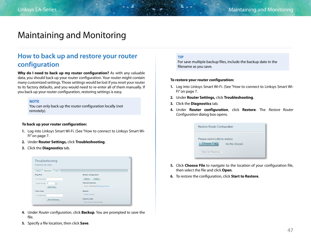 Linksys EA6400 manual Maintaining and Monitoring, How to back up and restore your router configuration 