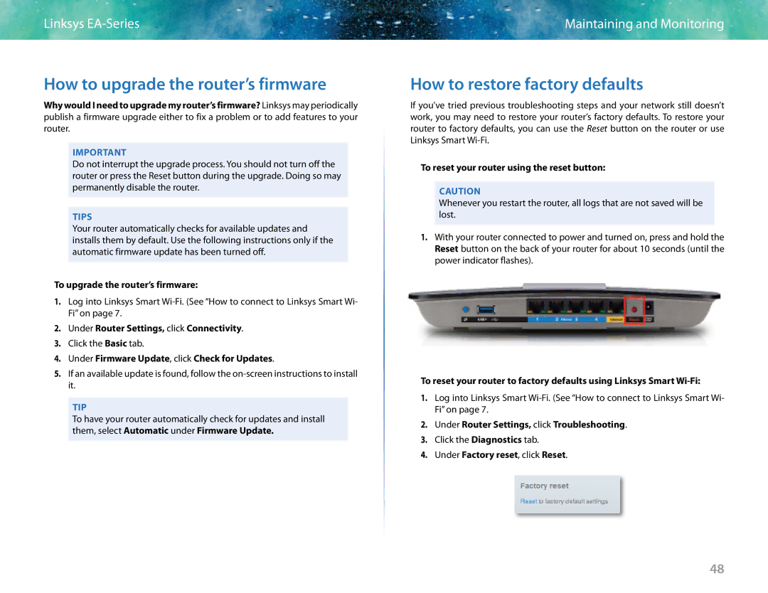 Linksys EA6400 manual How to upgrade the router’s firmware, How to restore factory defaults 